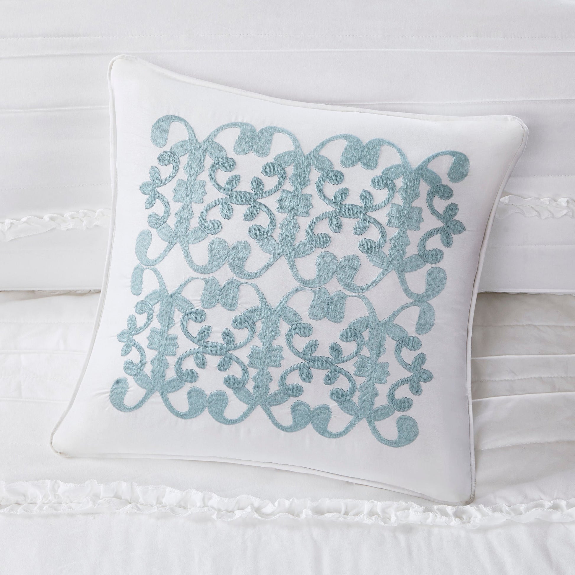 5 Piece White Microfiber Comforter Set California King with teal embroidered scroll motif on Tampa Home & Garden Store