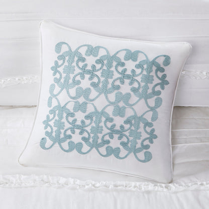 5 Piece White Microfiber Comforter Set California King with teal embroidered scroll motif on Tampa Home & Garden Store