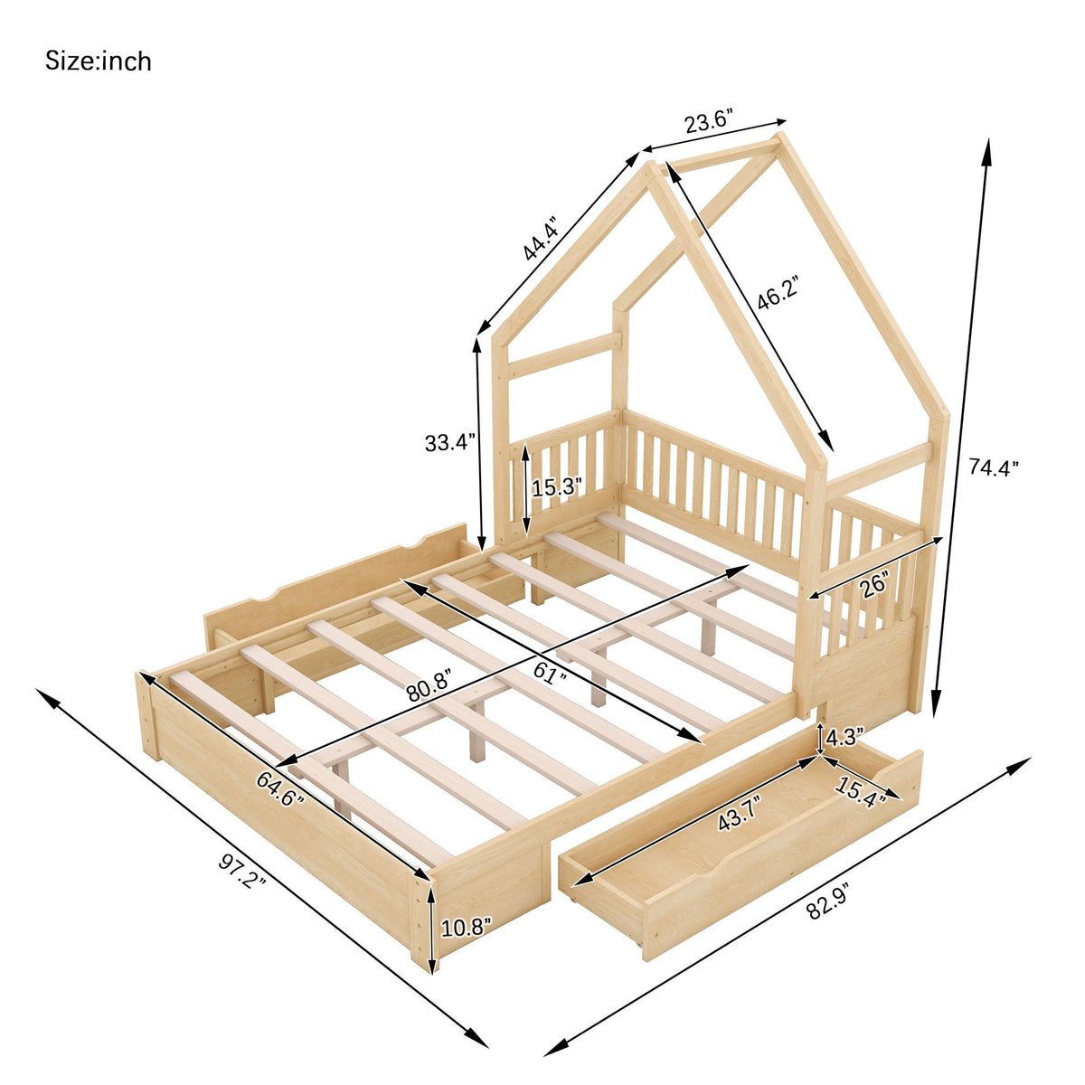 House style platform bed with guardrail and 2 drawers, natural wood, HouseOfZazla storage bed on Tampa Home & Garden Store
