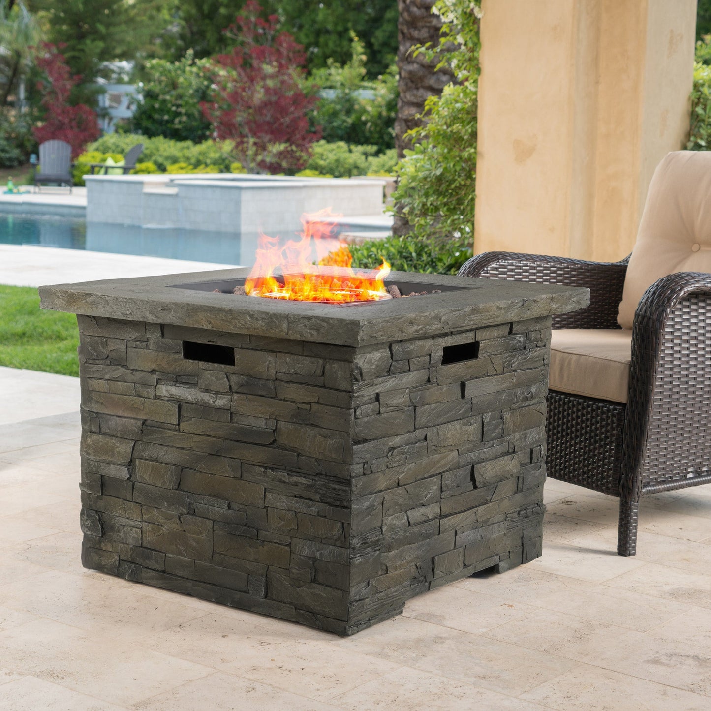 33' square MGO fire pit with stacked-stone exterior and 40000 BTU on Tampa Home & Garden Store