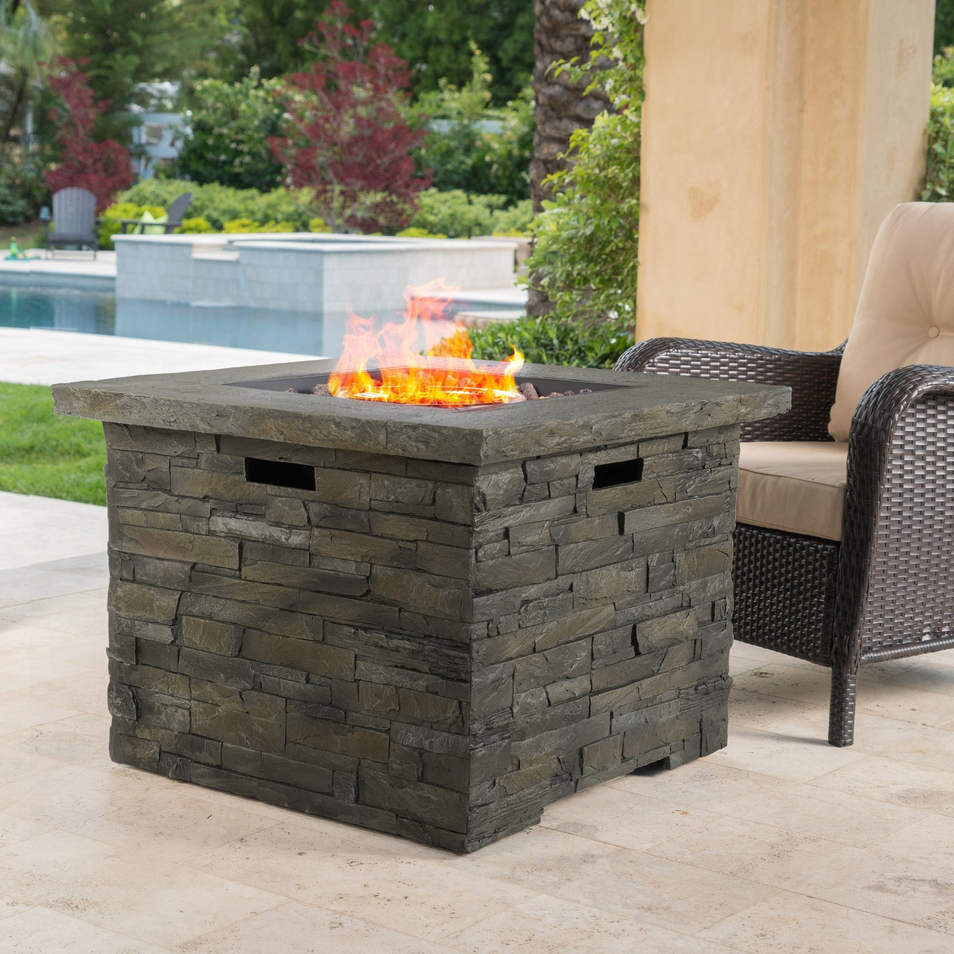 33' square MGO fire pit with stacked-stone exterior and 40000 BTU on Tampa Home & Garden Store