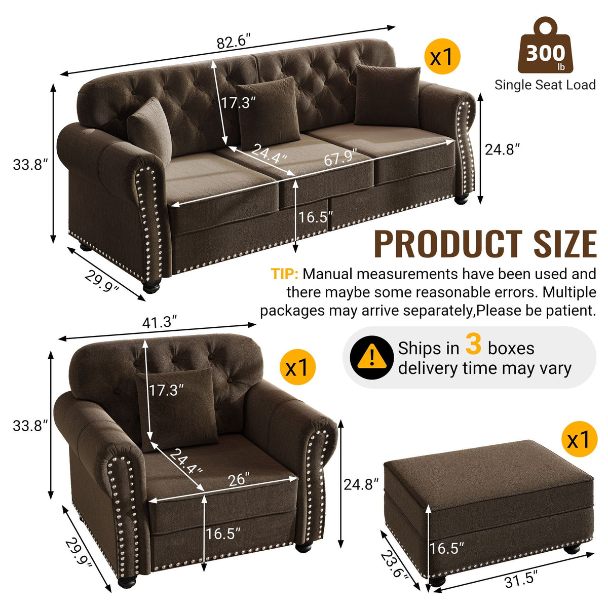 Upholstered Sofa Set with Nailhead and Pillows
