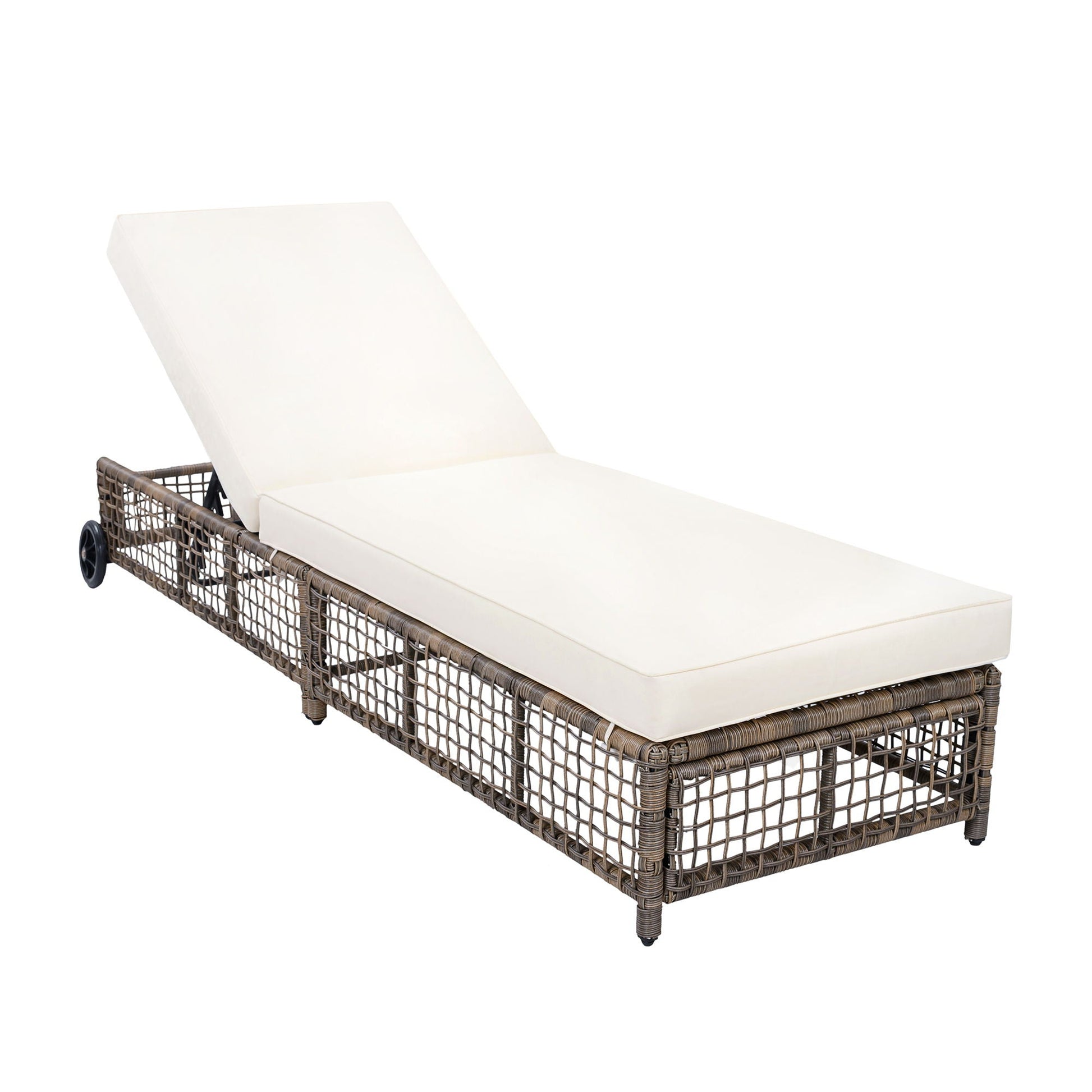 Outdoor lounge chaise by HouseOfZazla with 5-position backrest, cream cushions and wheels on Tampa Home & Garden Store