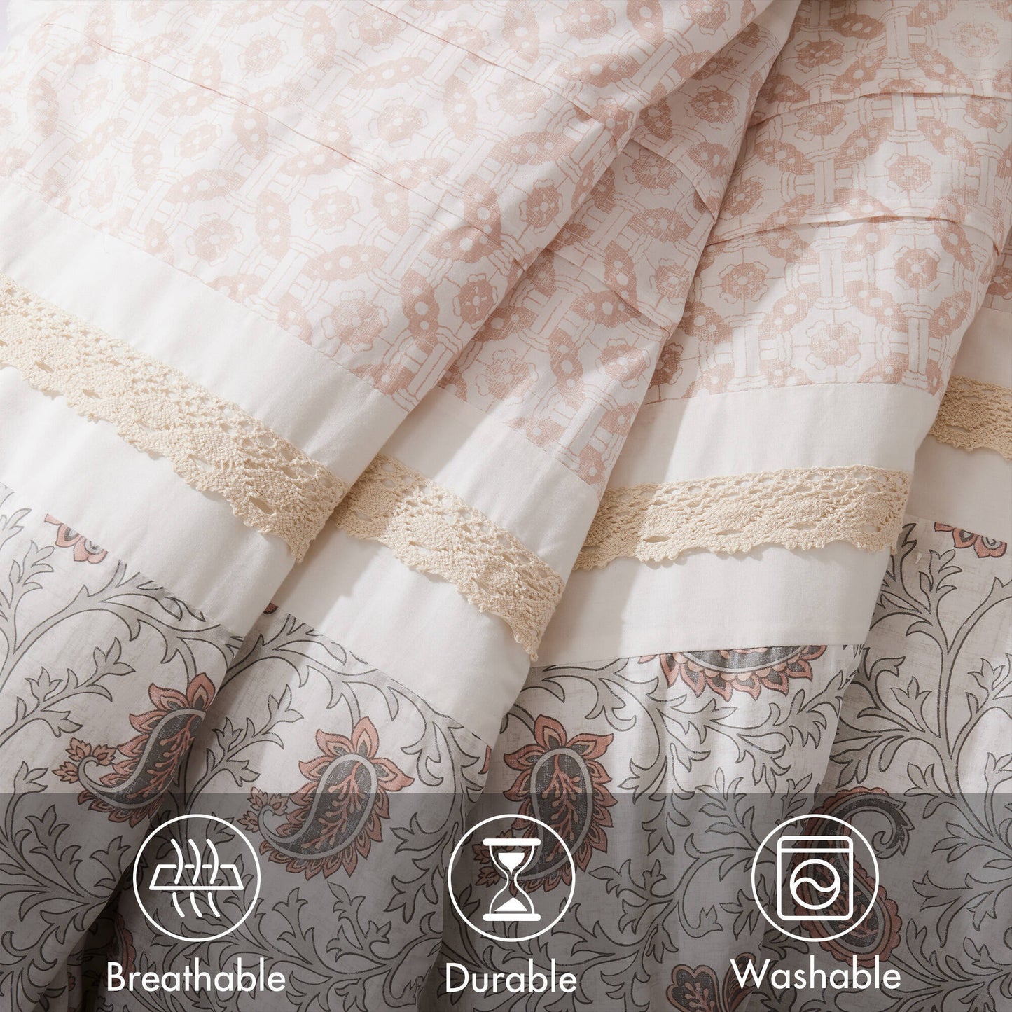 9 Piece Cotton Percale Blush Comforter Set by HouseOfZazla with lace trim and floral pattern on Tampa Home & Garden Store