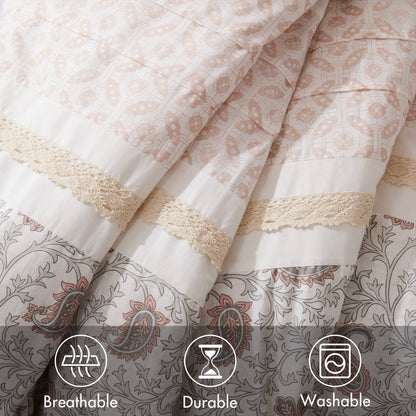 9 Piece Cotton Percale Blush Comforter Set by HouseOfZazla with lace trim and floral pattern on Tampa Home & Garden Store