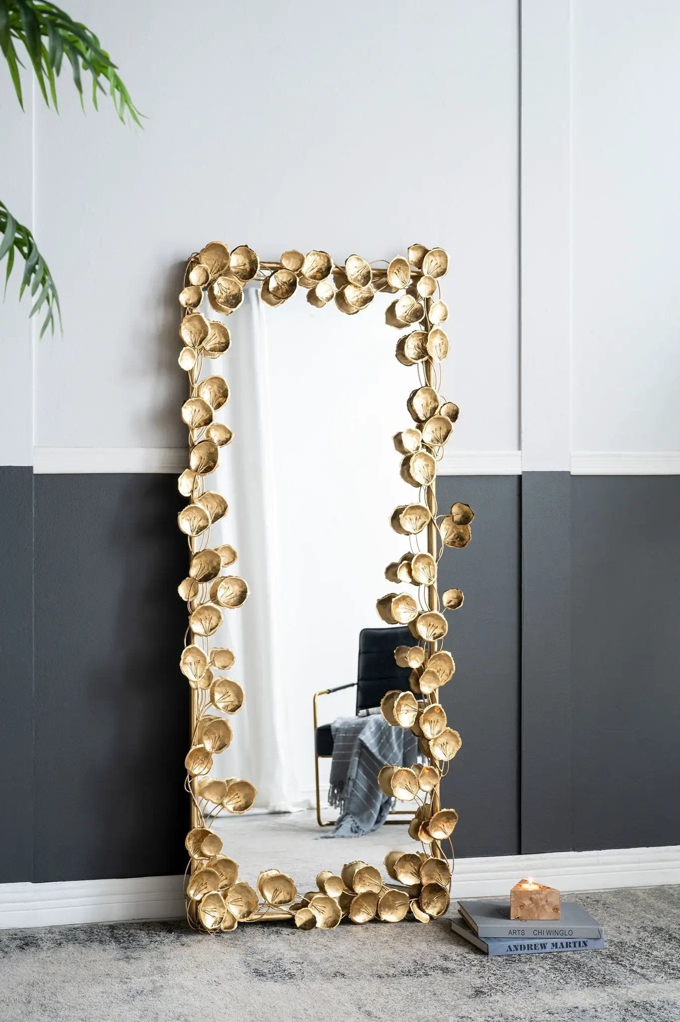 Full length floor mirror with gold leaf accent frame and round leaf motifs on Tampa Home & Garden Store