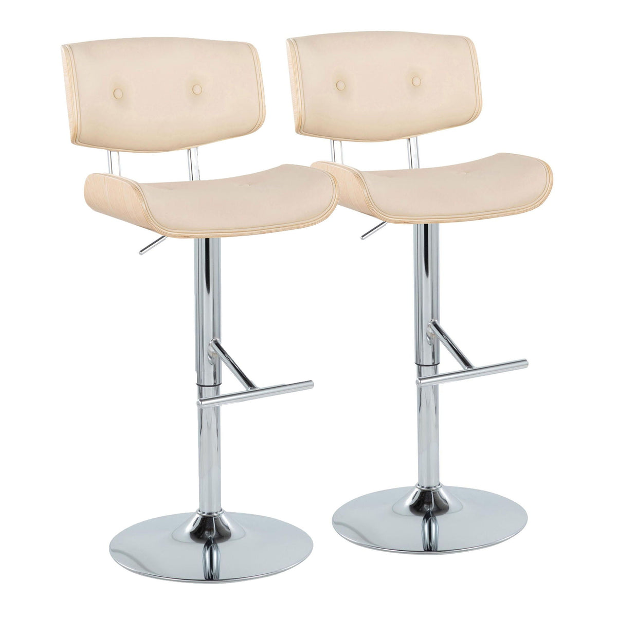 Barstool set with swivel and T-footrests; beige padded seats on chrome pedestals, 2 stools on Tampa Home & Garden Store