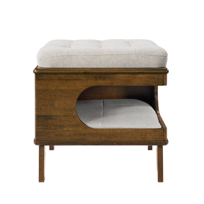 Letitia rubber wood cat bed ottoman with tufted beige cushion on dark wood base on Tampa Home & Garden Store
