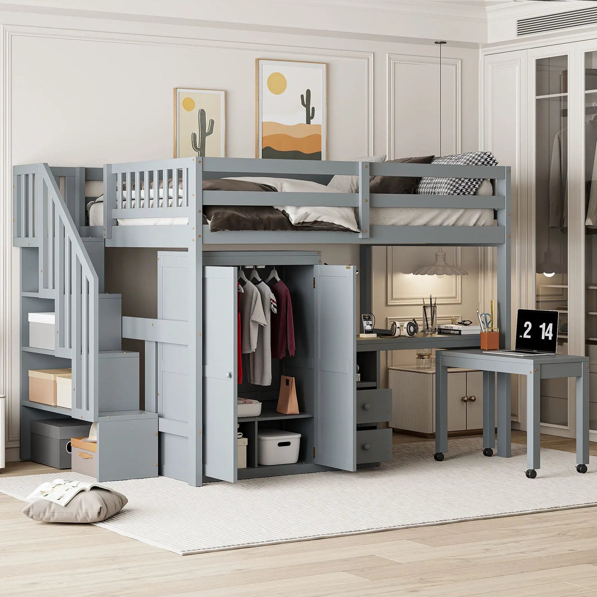Loft bed with stairs, bookshelf, desk, drawers and wardrobe in gray by Unique Piece Furniture on Tampa Home & Garden Store