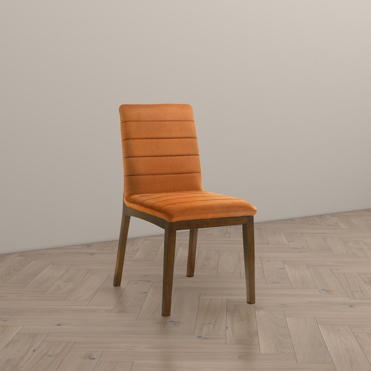 Modern orange dining chair with solid wood base and padded back on Tampa Home & Garden Store