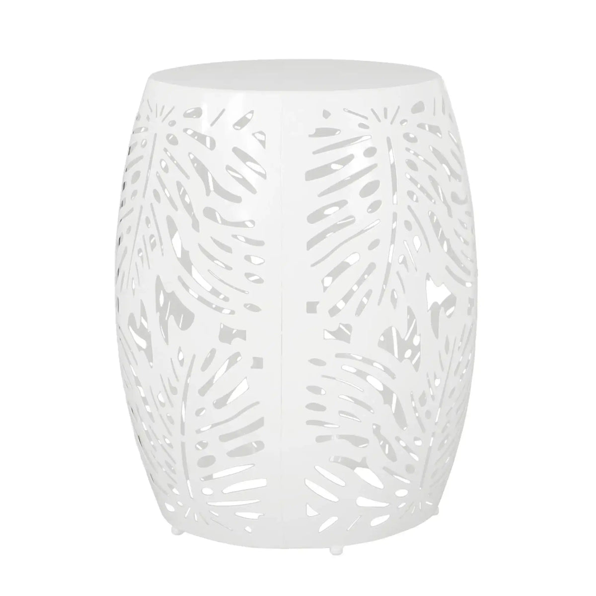 White metal outdoor side table with palm leaf cut-out design on Tampa Home & Garden Store