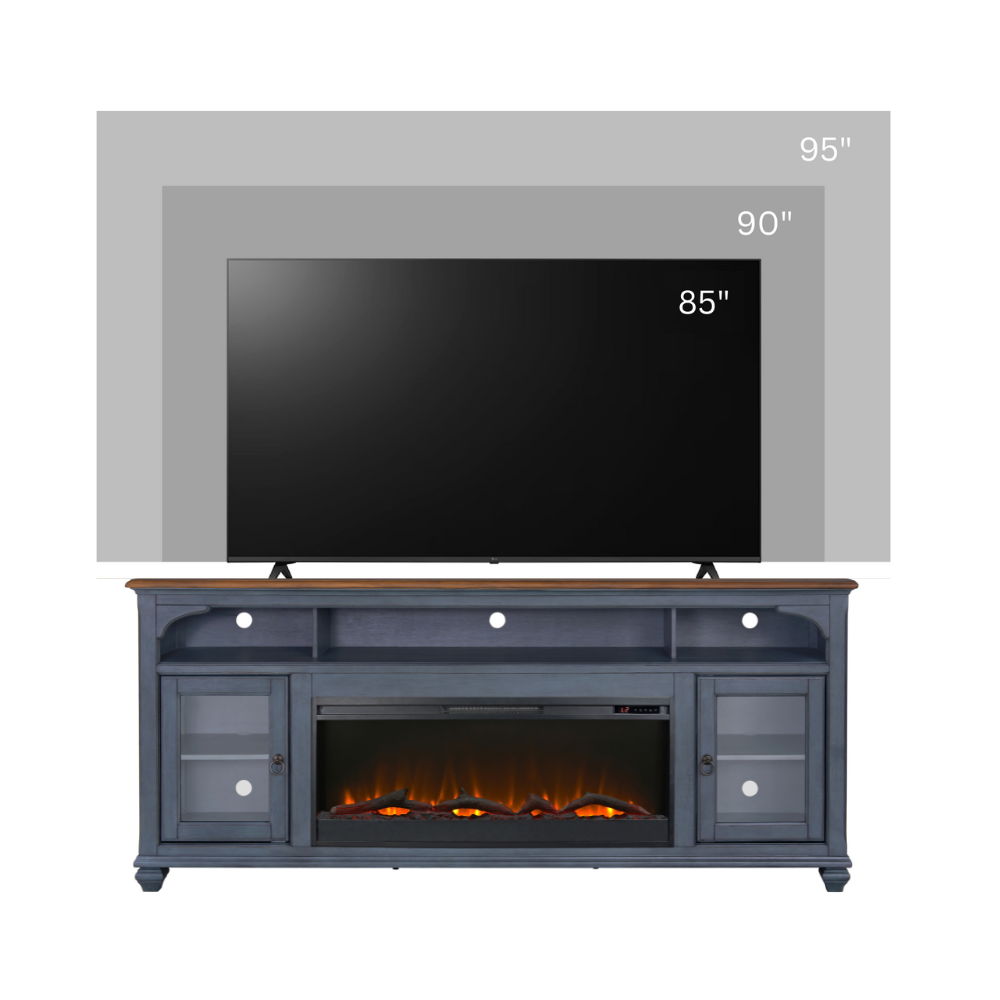 Fireplace TV stand blue by HouseOfZazla for 95in TVs with glass doors and fireplace insert on Tampa Home & Garden Store