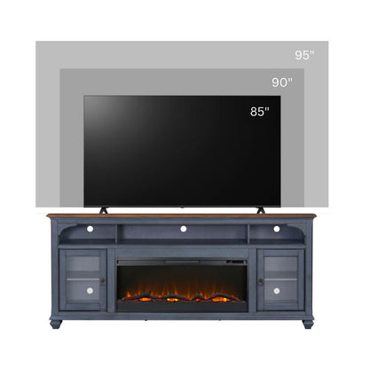 Fireplace TV stand blue by HouseOfZazla for 95in TVs with glass doors and fireplace insert on Tampa Home & Garden Store