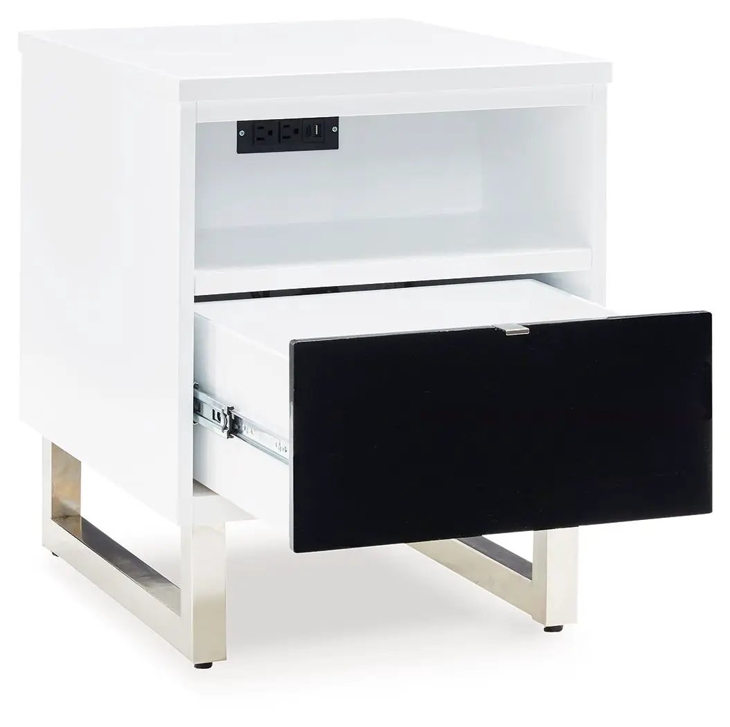 Gardoni chair side end table white body with black front drawer, metal square legs on Tampa Home & Garden Store