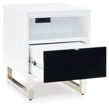 Gardoni chair side end table white body with black front drawer, metal square legs on Tampa Home & Garden Store