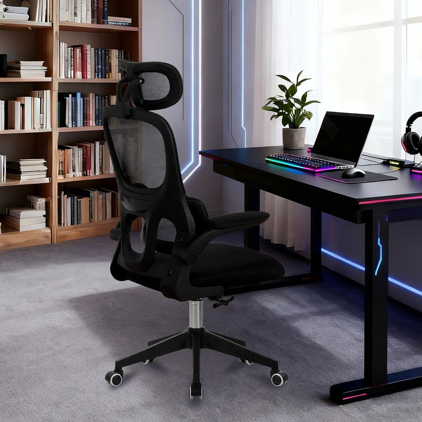 High back ergonomic swivel office chair with tilt, 3D headrest, lumbar support, black mesh on Tampa Home & Garden Store