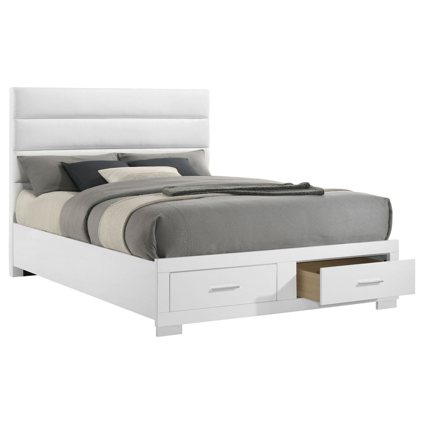 Dulcey storage bed in white with built-in under-bed drawers, layered gray bedding on Tampa Home & Garden Store