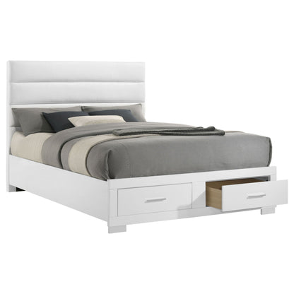 Dulcey storage bed in white with built-in under-bed drawers, layered gray bedding on Tampa Home & Garden Store