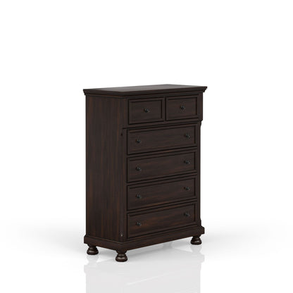Five-drawer solid wood antique chest dresser in dark finish with knob pulls on Tampa Home & Garden Store