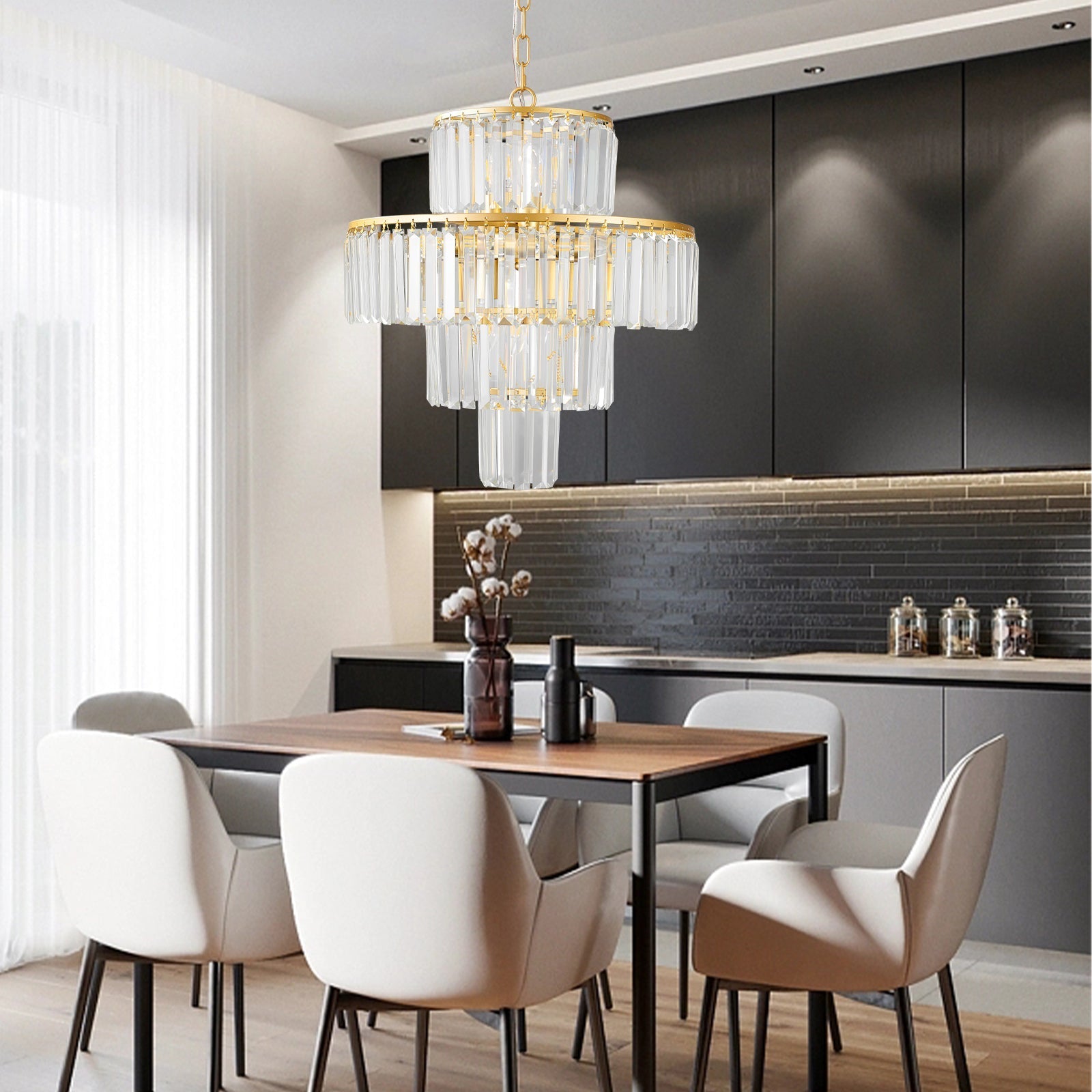 Crystal chandelier 4-tier gold frame with crystal prisms and 12 lights over a dining table on Tampa Home & Garden Store