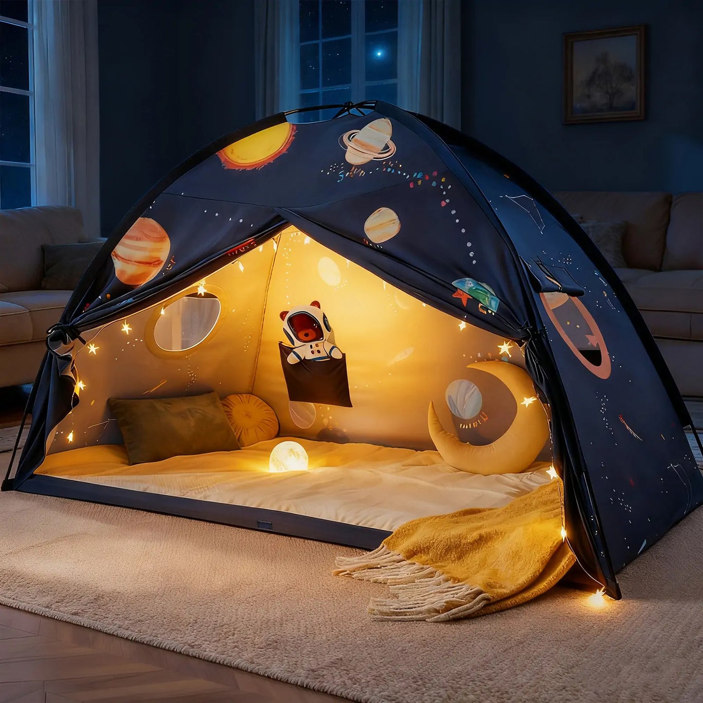 Tiny Land Versatile Kids Bed Tent & Play Tent dark blue space-themed print with planet motifs on Tampa Home & Garden Store