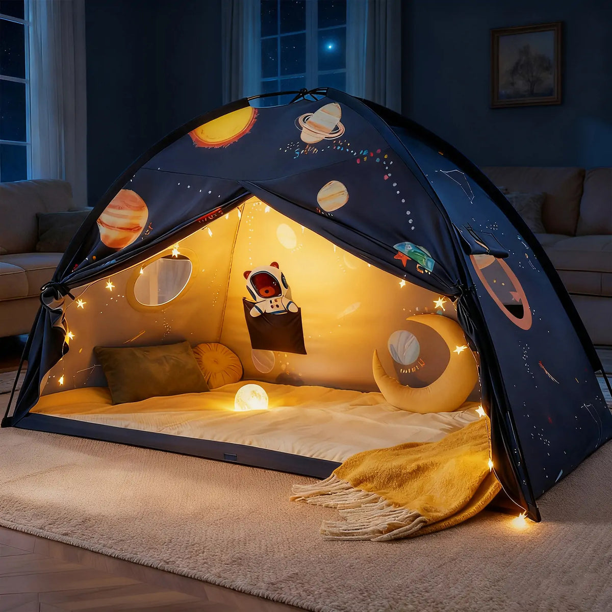 Tiny Land Versatile Kids Bed Tent & Play Tent dark blue space-themed print with planet motifs on Tampa Home & Garden Store