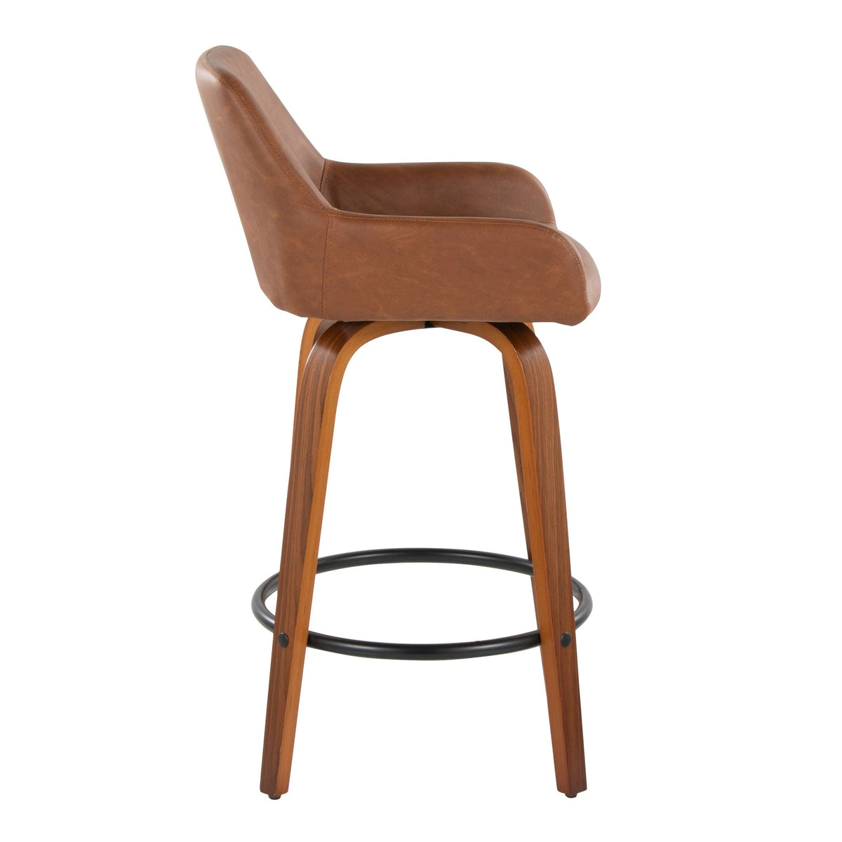Contemporary swivel counter stool in brown leather with round footrest and wood legs on Tampa Home & Garden Store