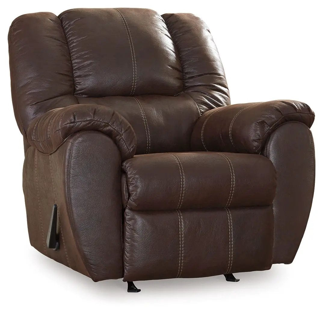 McGann Rocker Recliner brown leather with bold stitching and plush padded arms on Tampa Home & Garden Store