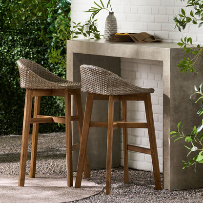 Beeson Outdoor Wicker and Acacia Barstool Set