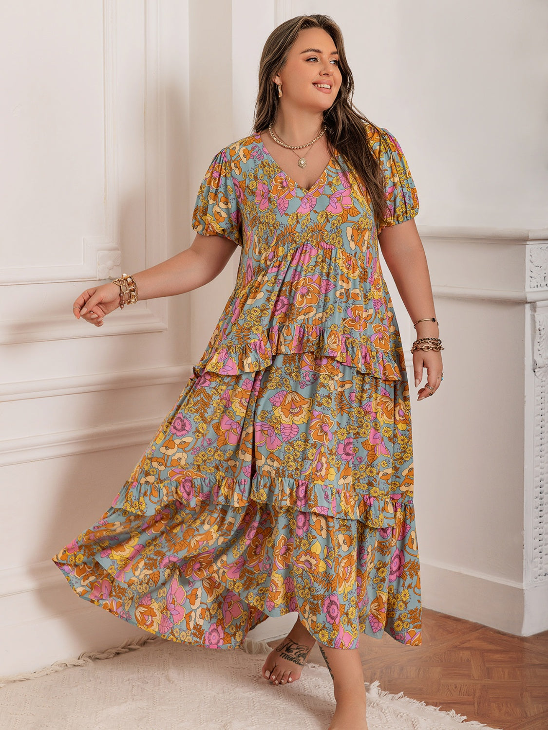 Stevvex floral V-neck maxi dress with puff sleeves and tiered flowy skirt in pastel blue blooms on Tampa Home & Garden Store