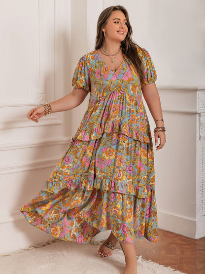 Stevvex floral V-neck maxi dress with puff sleeves and tiered flowy skirt in pastel blue blooms on Tampa Home & Garden Store