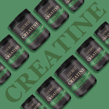 Creatine powder supplement jars, black containers with green labels, multiple bottles on Tampa Home & Garden Store