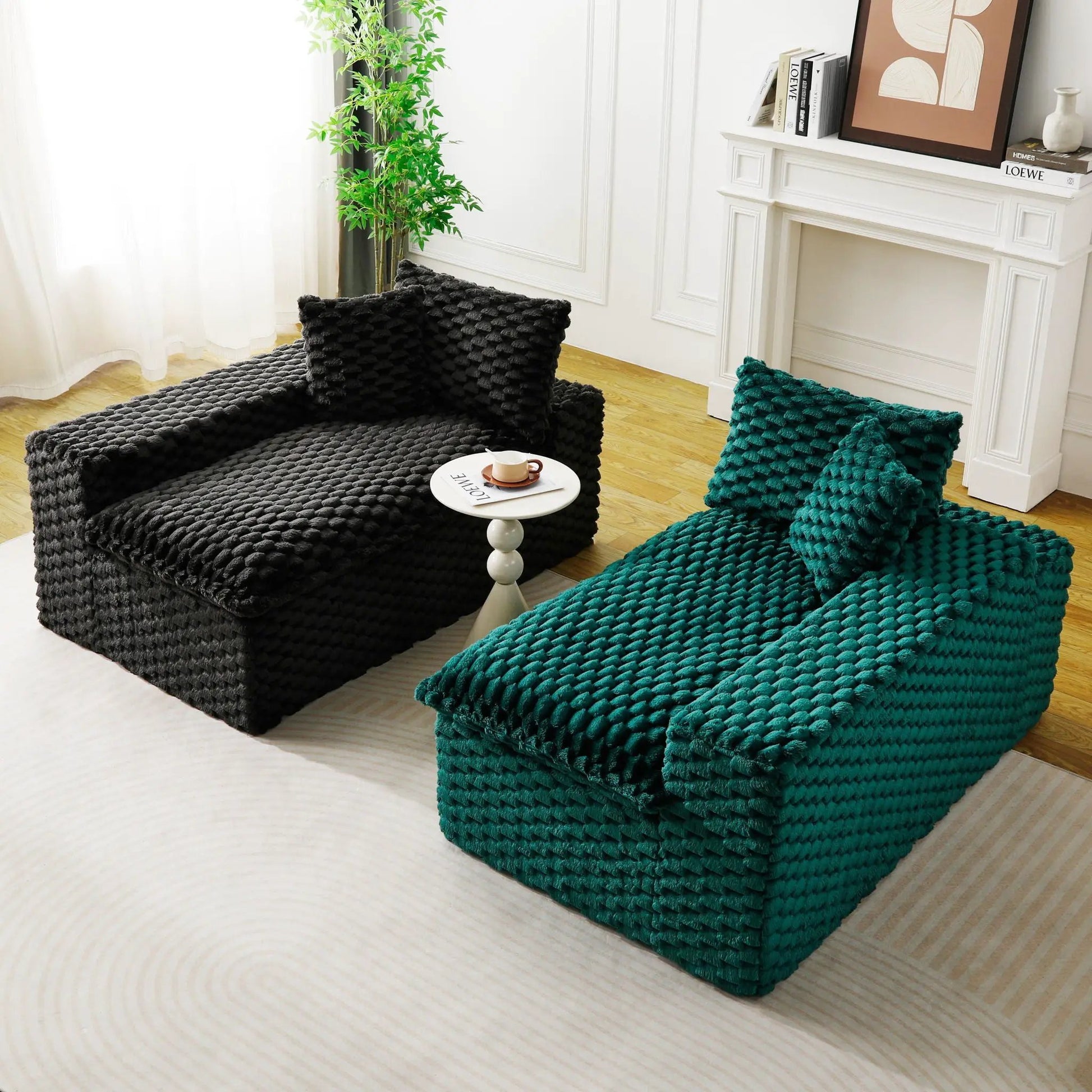 Multifunctional Sofa by Unique Piece Furniture; two knitted block sofas in black and teal on Tampa Home & Garden Store