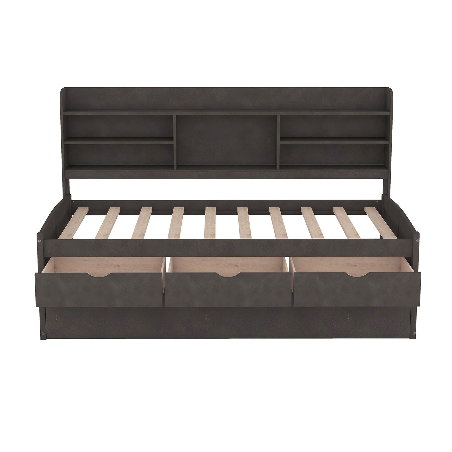 Captain bed with built-in bookshelves and trundle in dark charcoal with 3 storage drawers on Tampa Home & Garden Store