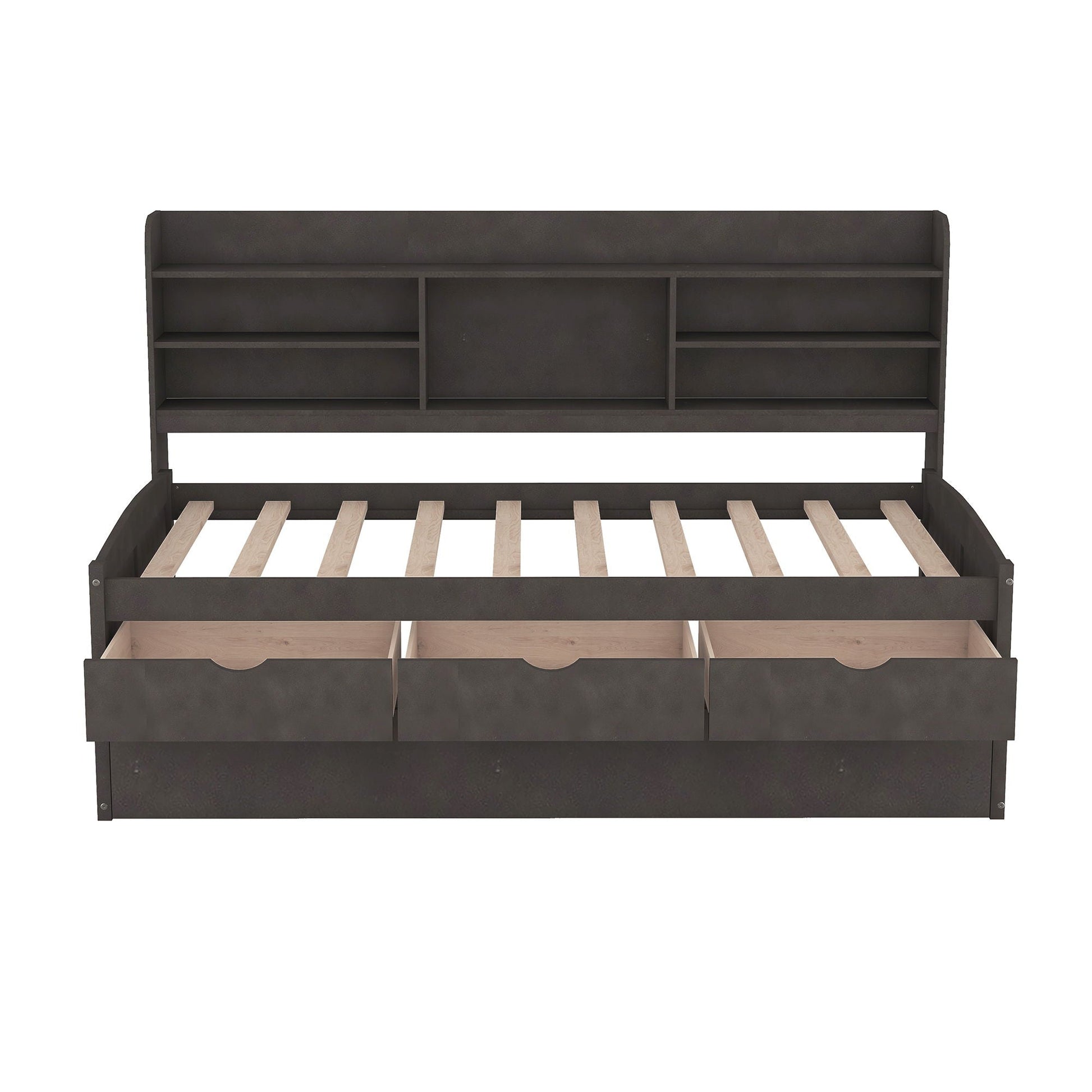 Captain bed with built-in bookshelves and trundle in dark charcoal with 3 storage drawers on Tampa Home & Garden Store
