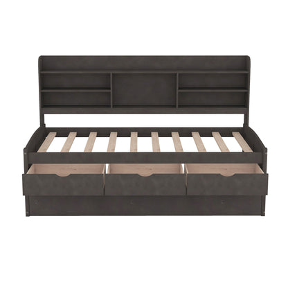 Captain bed with built-in bookshelves and trundle in dark charcoal with 3 storage drawers on Tampa Home & Garden Store