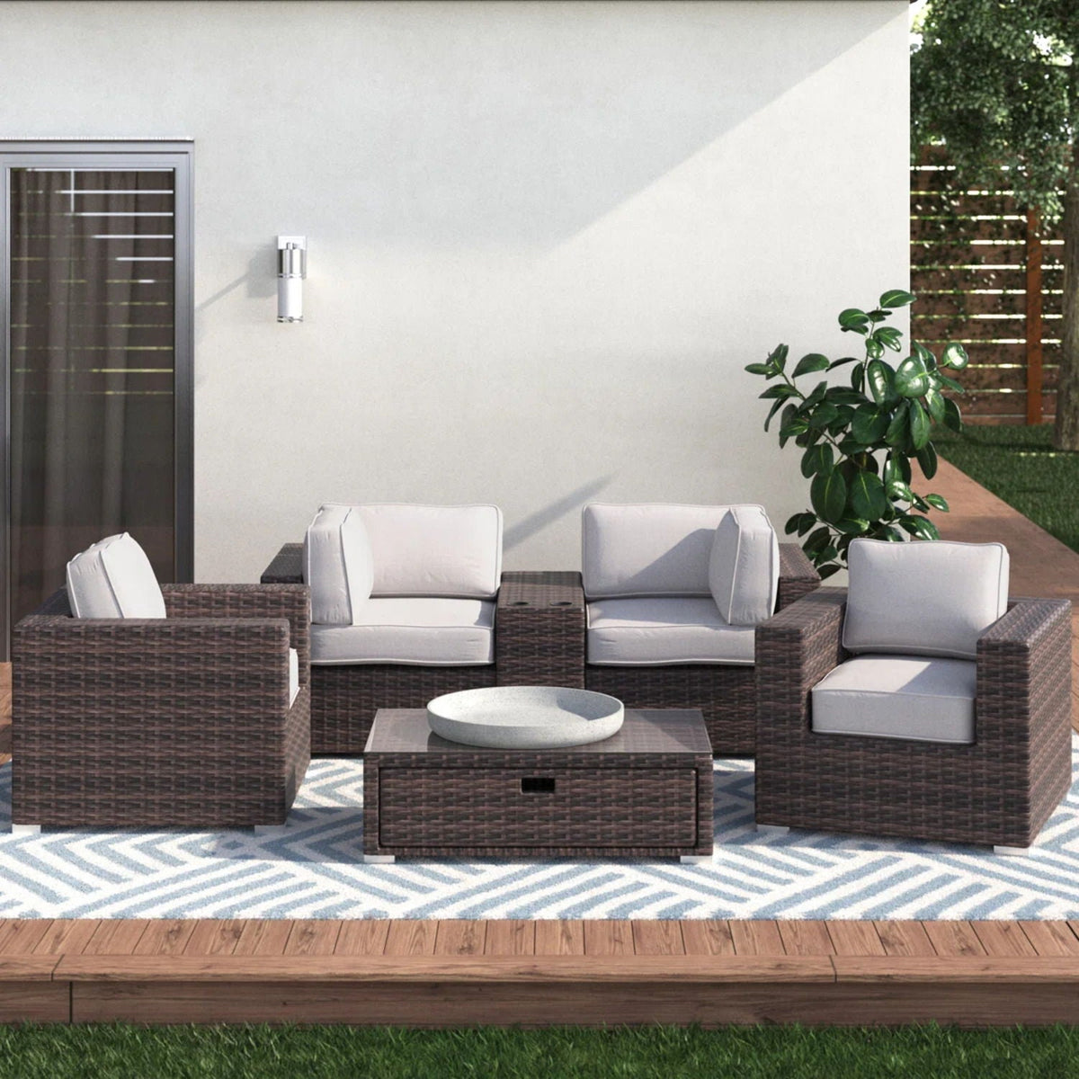 Wicker Outdoor Seating Group Set with Cushions and Table, 3-piece brown rattan on Tampa Home & Garden Store