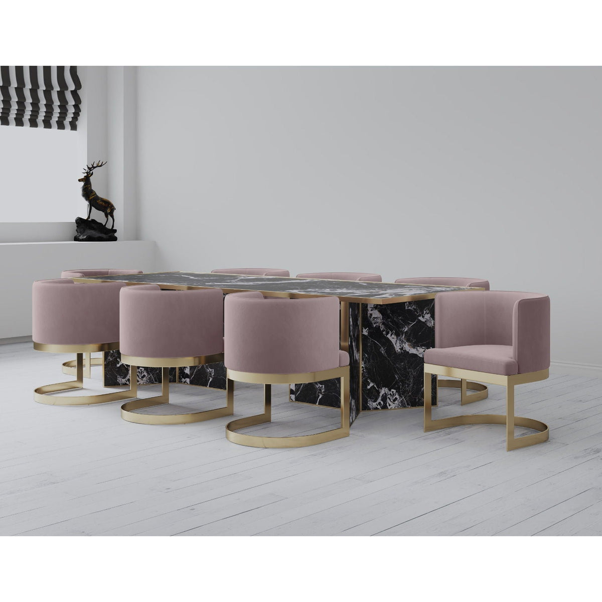 Aura dining chairs with brass frames in pink upholstery, set of 8 around a marble table on Tampa Home & Garden Store
