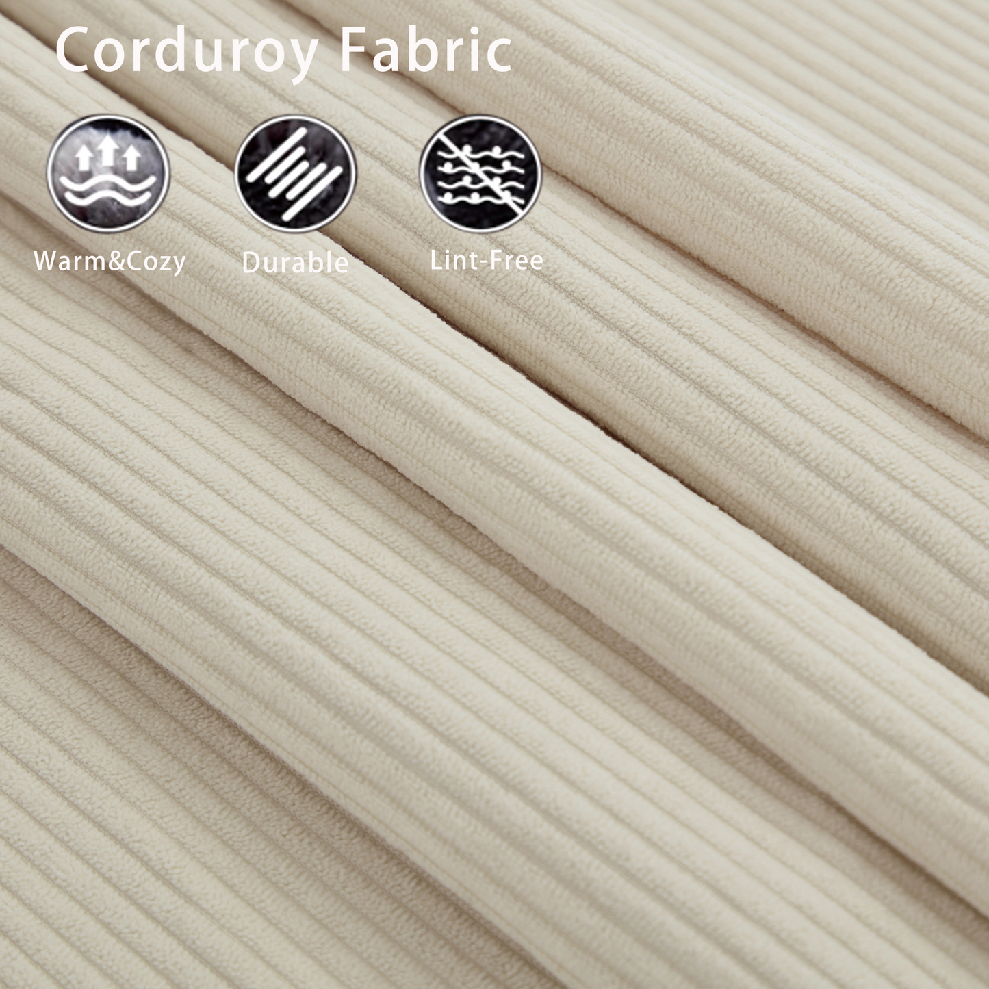 Beige corduroy fabric banner with Warm & Cozy, Durable, Lint-Free icons on plush textile on Tampa Home & Garden Store