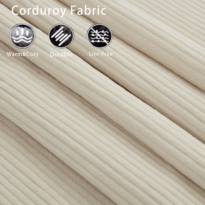 Beige corduroy fabric banner with Warm & Cozy, Durable, Lint-Free icons on plush textile on Tampa Home & Garden Store