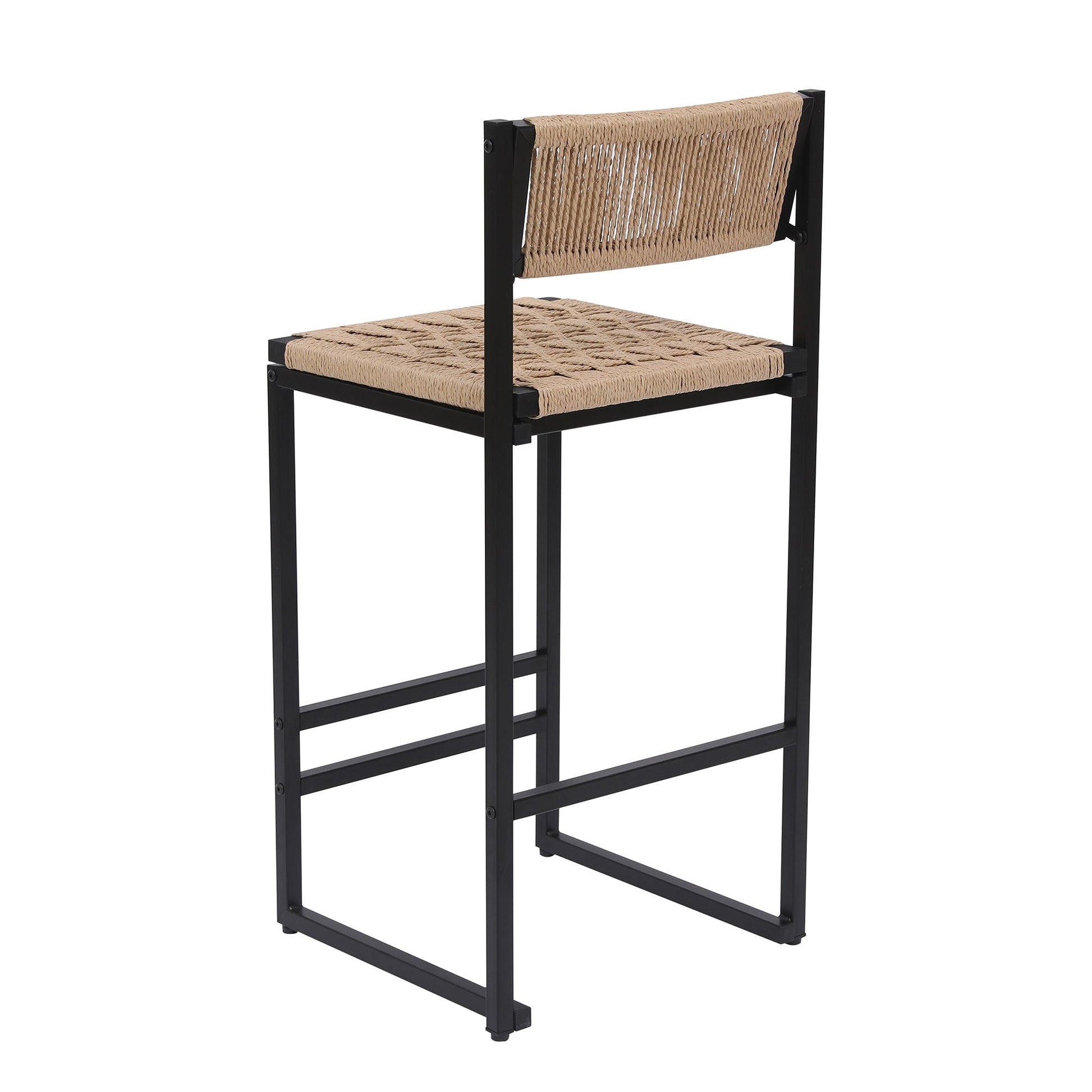 Kitchen bar stool with paper rope weave seat and back, black metal frame with footrest on Tampa Home & Garden Store