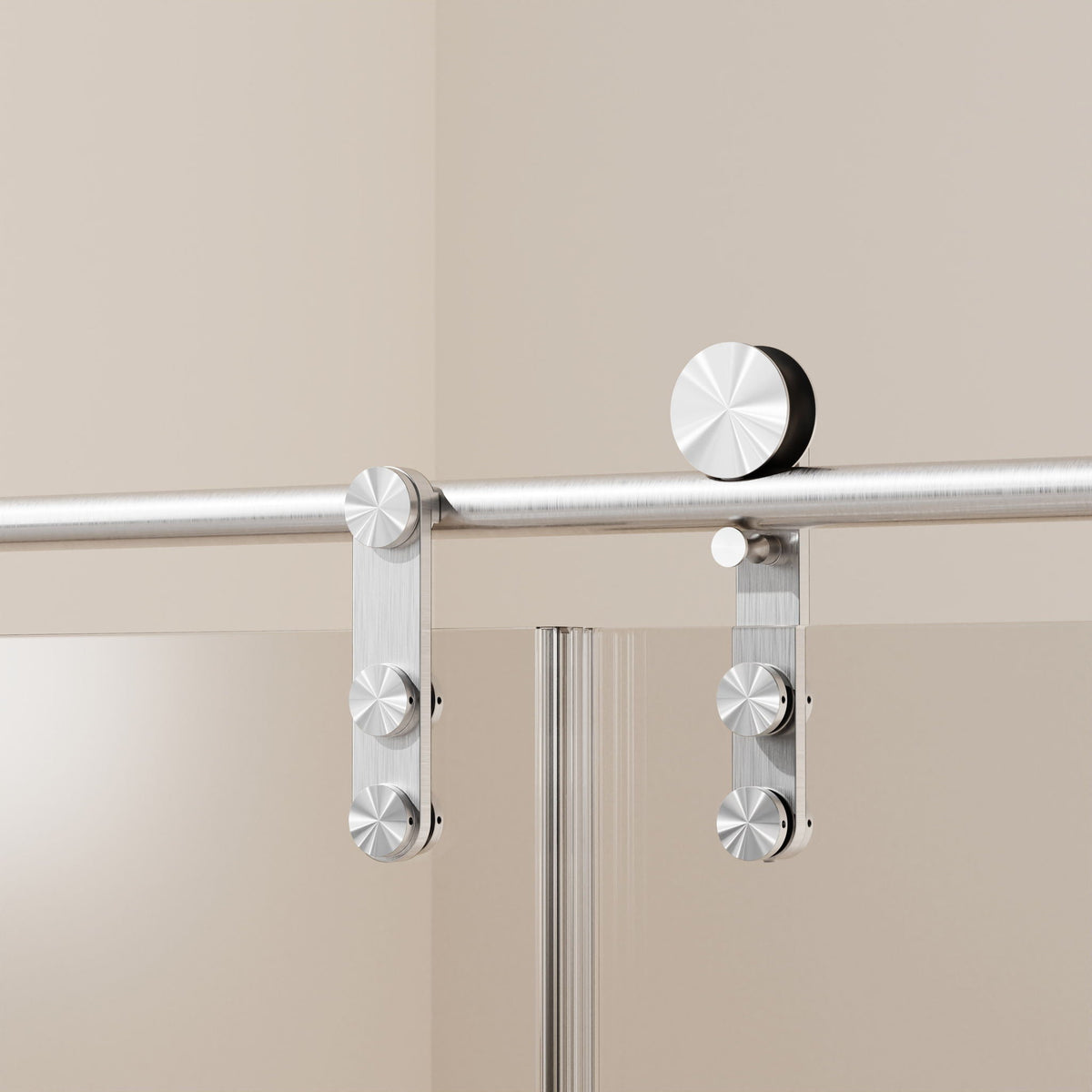 Frameless single sliding shower doors with towel rail and round brushed handles on Tampa Home & Garden Store