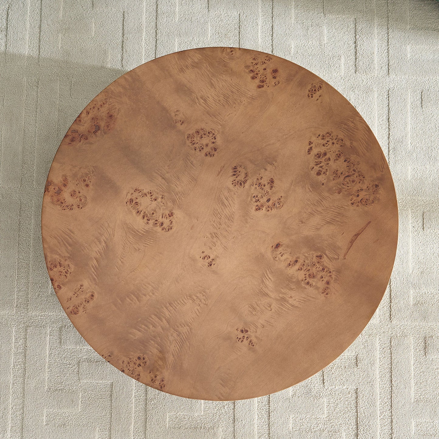 Round burl wood veneer coffee table with warm brown finish, 31.49-inch diameter on Tampa Home & Garden Store