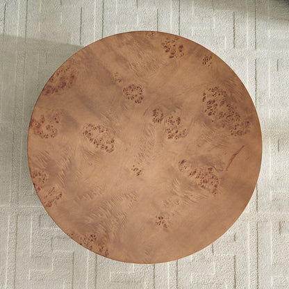 Round burl wood veneer coffee table with warm brown finish, 31.49-inch diameter on Tampa Home & Garden Store