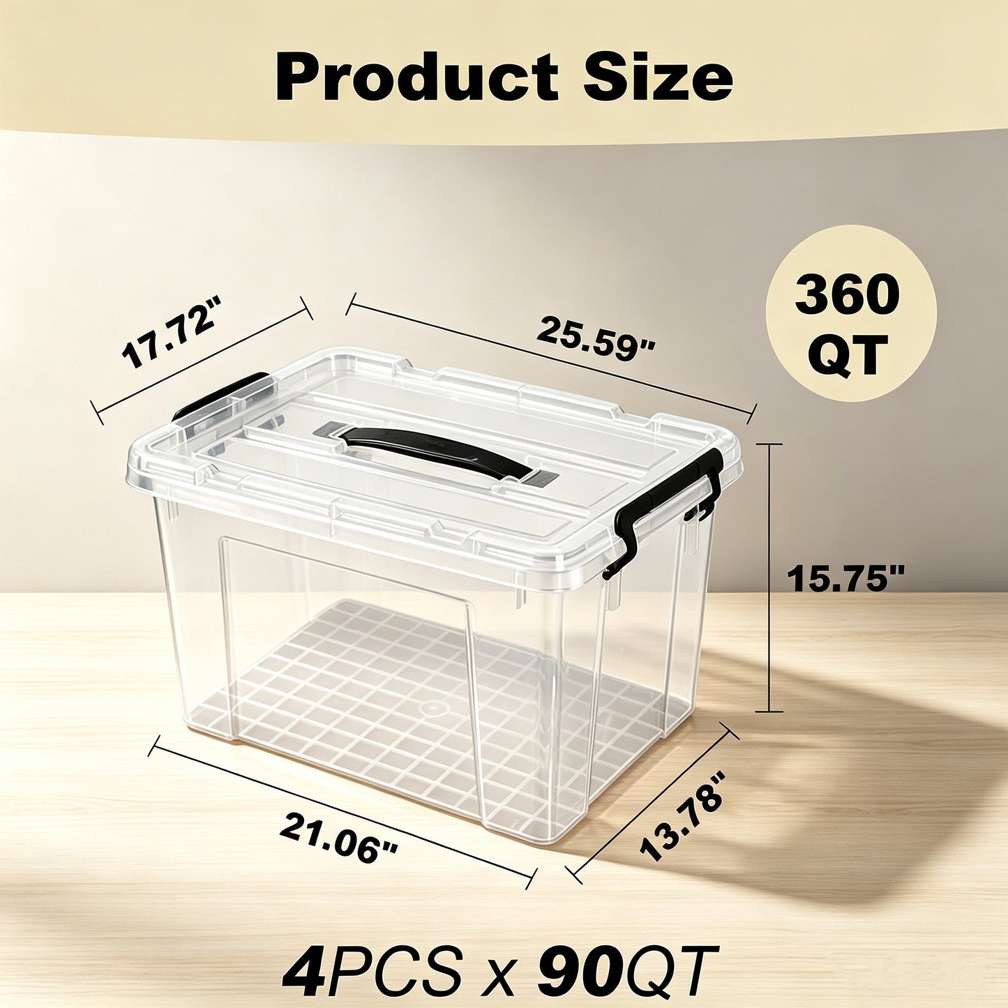 4 Pack 90 QT Clear Plastic Storage Bins and Lids