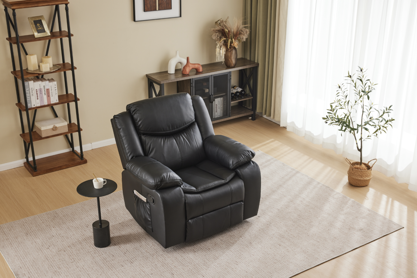 Black air leather recliner chair by HouseOfZazla with vibration and heating in a living room on Tampa Home & Garden Store