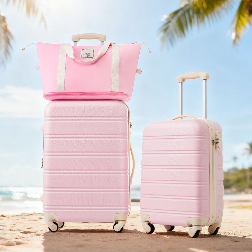 HouseOfZazla pink hardshell luggage set with 2 suitcases and a tote bag, spinner wheels on Tampa Home & Garden Store