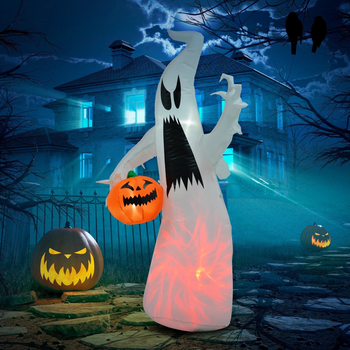 5.9' Towering LED-Lit Inflatable Ghost with 3 pumpkins in a blue night scene on Tampa Home & Garden Store