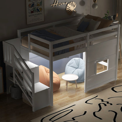 Loft bed with storage staircase in gray finish, under-bed storage and cozy lounge area on Tampa Home & Garden Store