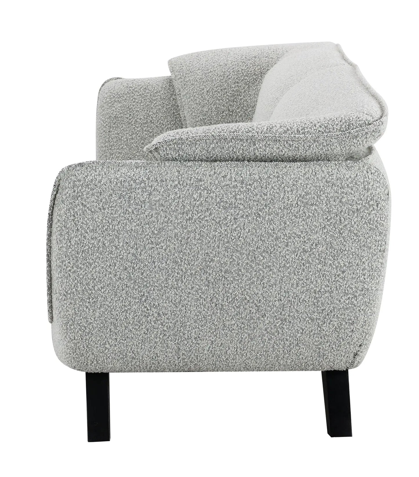 Nayeli Boucle Sofa, stationary gray boucle upholstery with rounded arm and black legs on Tampa Home & Garden Store